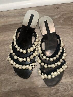 Zara Black Slide Sandals with Pearl Straps